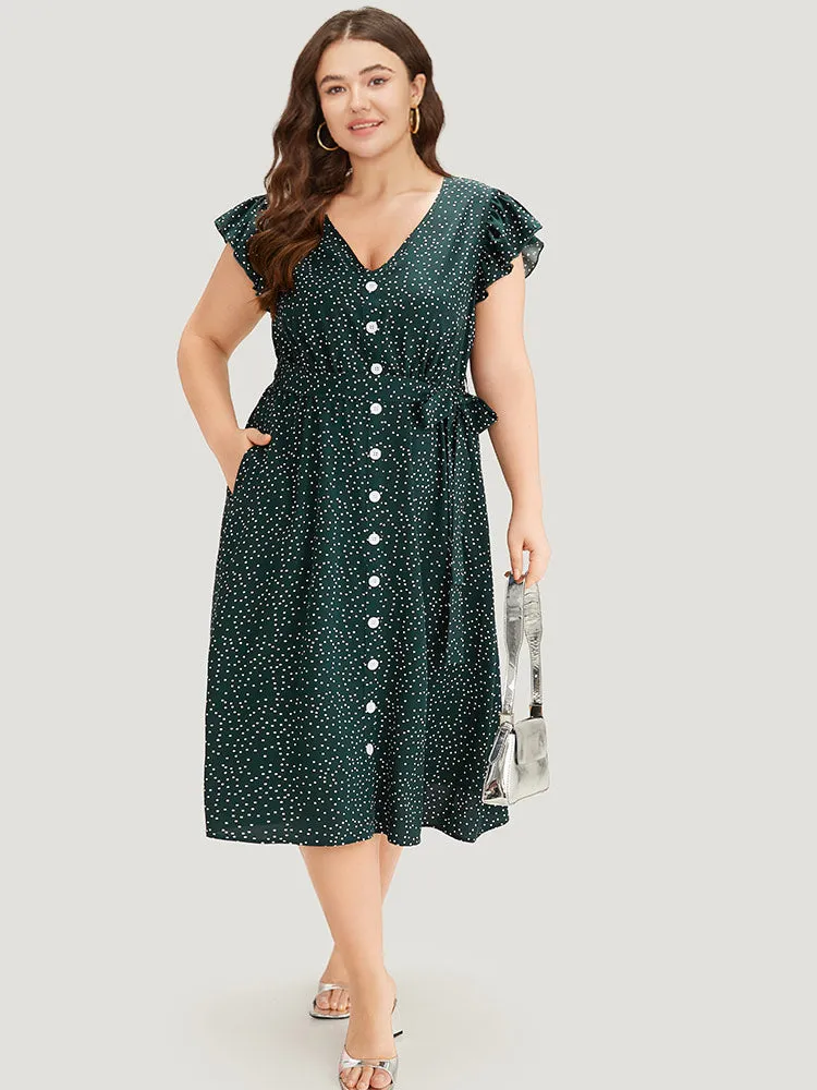 Polka Dot Flutter Trim Button Detail Belted Dress sold by Bloomchic product image thumbnail 2