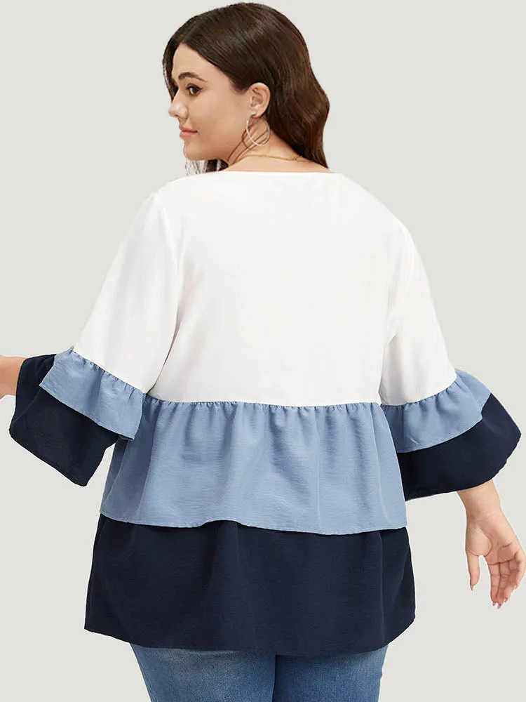 Colorblock Contrast Crew Neck Ruffle Layered Hem Blouse sold by Bloomchic product image thumbnail 3