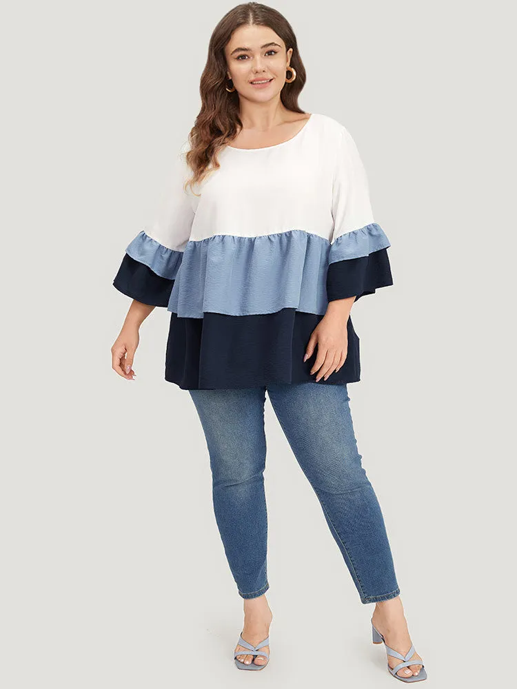 Colorblock Contrast Crew Neck Ruffle Layered Hem Blouse sold by Bloomchic product image thumbnail 2