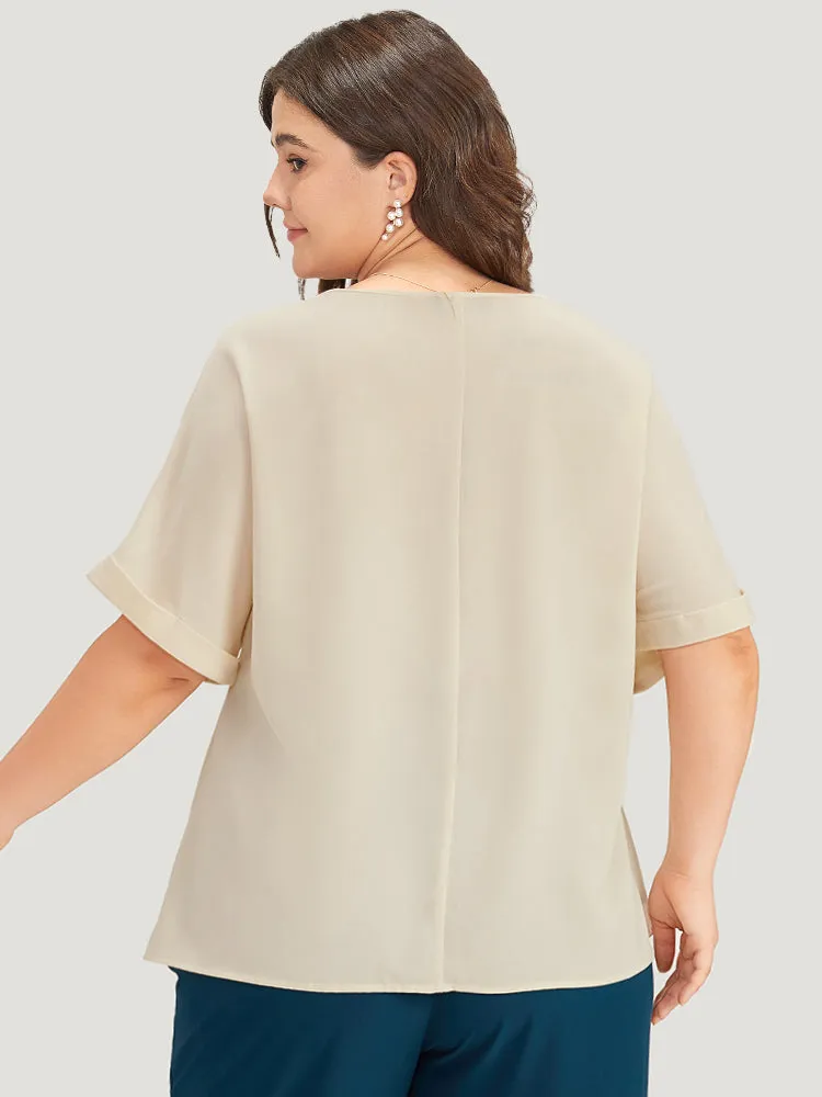 Anti-Wrinkle Solid Keyhole Roll Sleeve Metal Detail Woven Top sold by Bloomchic product image thumbnail 4