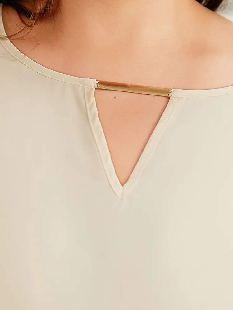 Anti-Wrinkle Solid Keyhole Roll Sleeve Metal Detail Woven Top sold by Bloomchic product image thumbnail 5