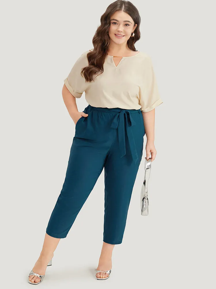 Anti-Wrinkle Solid Keyhole Roll Sleeve Metal Detail Woven Top sold by Bloomchic product image thumbnail 2