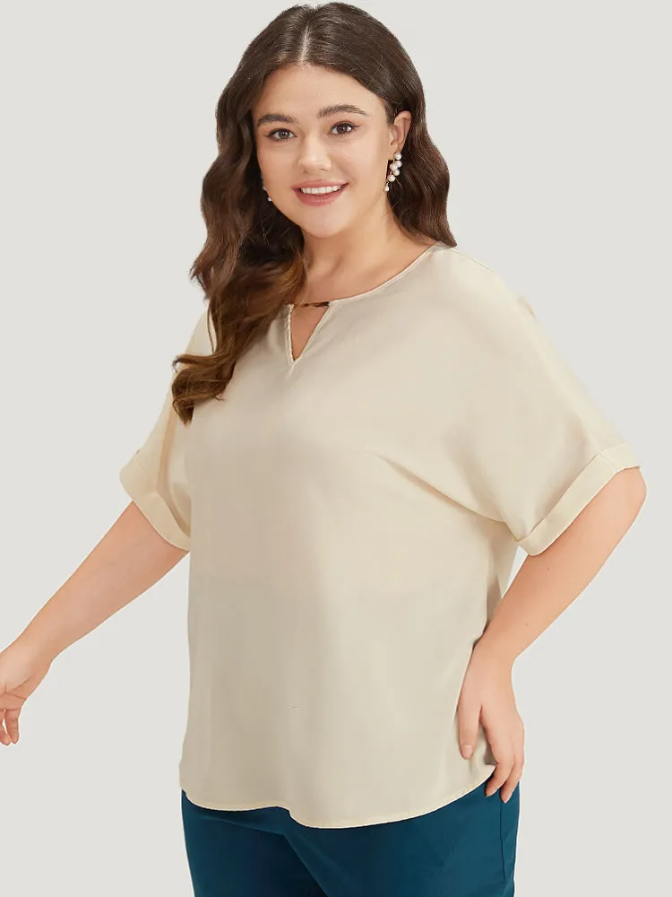 Anti-Wrinkle Solid Keyhole Roll Sleeve Metal Detail Woven Top sold by Bloomchic product image thumbnail 3