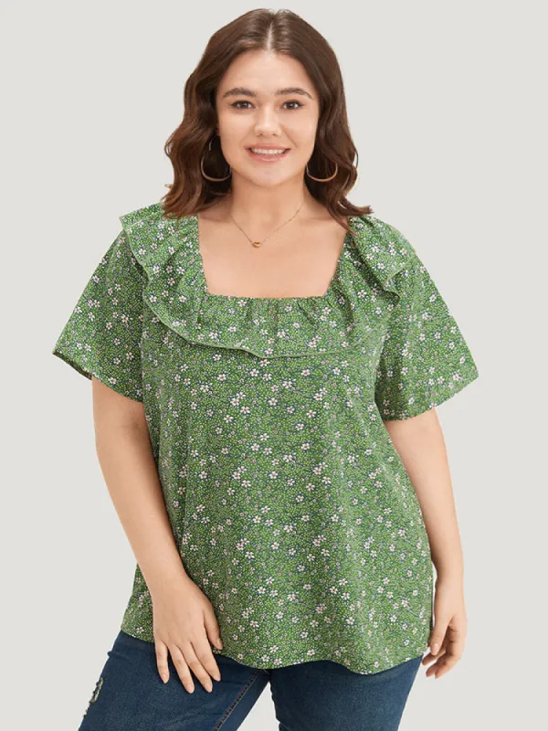 Ditsy Floral Square Neck Flutter Trim Blouse sold by Bloomchic