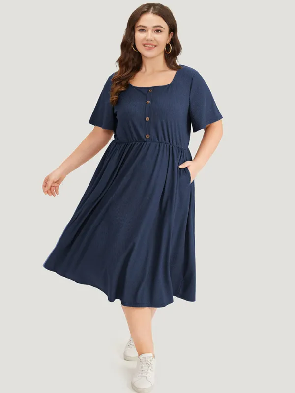 Supersoft Essentials Plain Button Detail Ruffle Sleeve Gathered Square Neck Dress sold by Bloomchic
