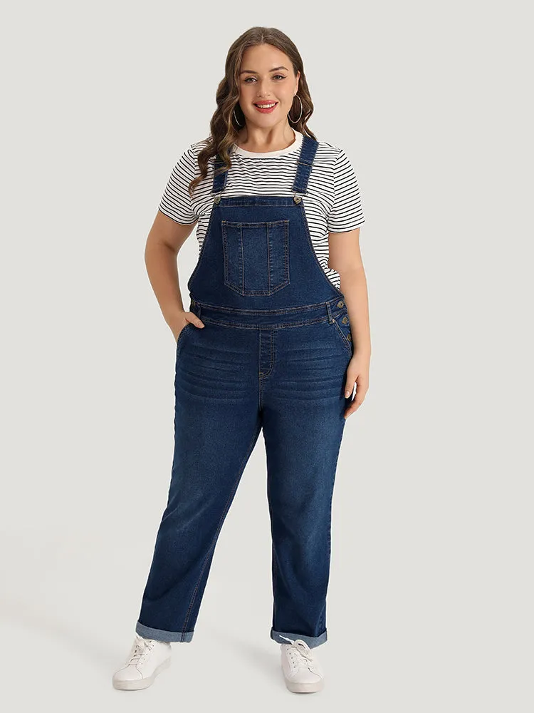 Solid Adjustable Straps Pocket Roll Hem Denim Overalls sold by Bloomchic