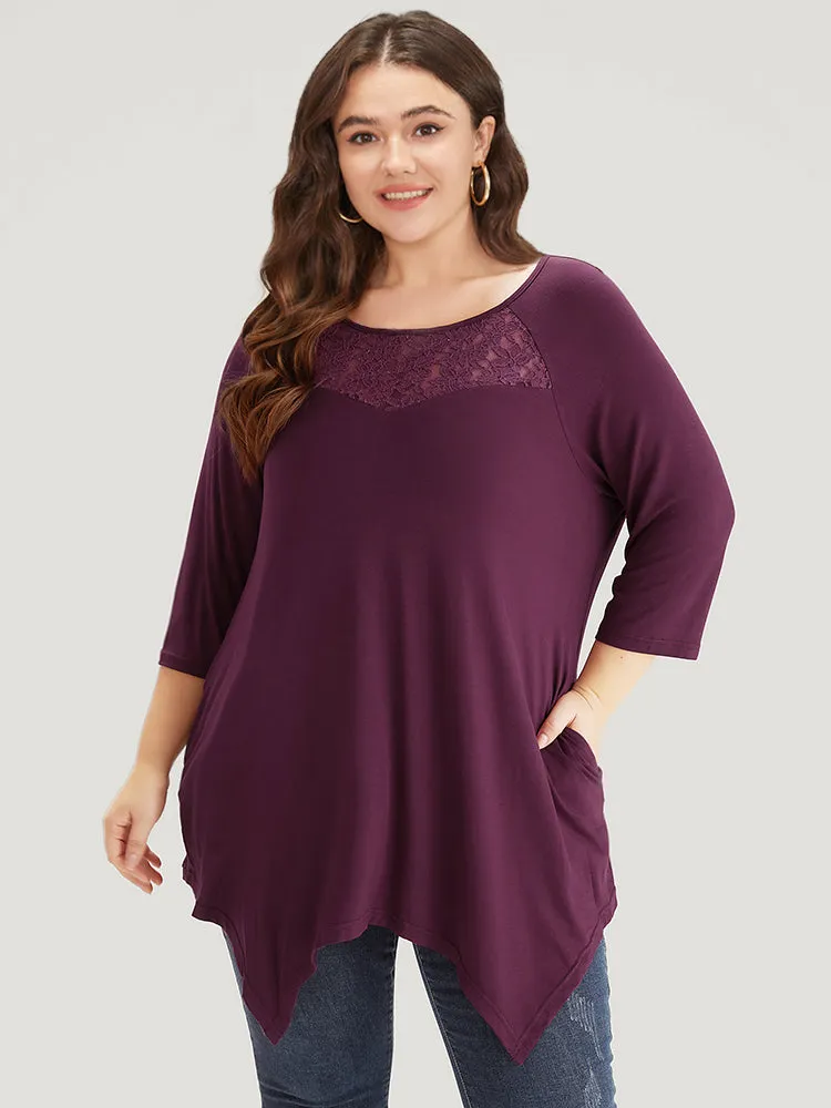 Supersoft Essentials Contrast Lace Asymmetrical Hem T-shirt sold by Bloomchic