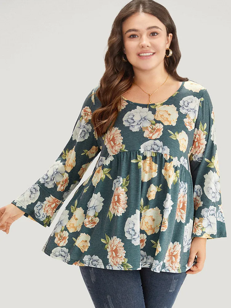 Floral Print Crew Neck Gathered Flutter Hem Bell Sleeve T-shirt sold by Bloomchic