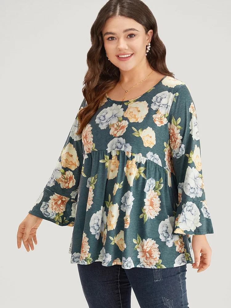 Floral Print Crew Neck Gathered Flutter Hem Bell Sleeve T-shirt sold by Bloomchic product image thumbnail 3