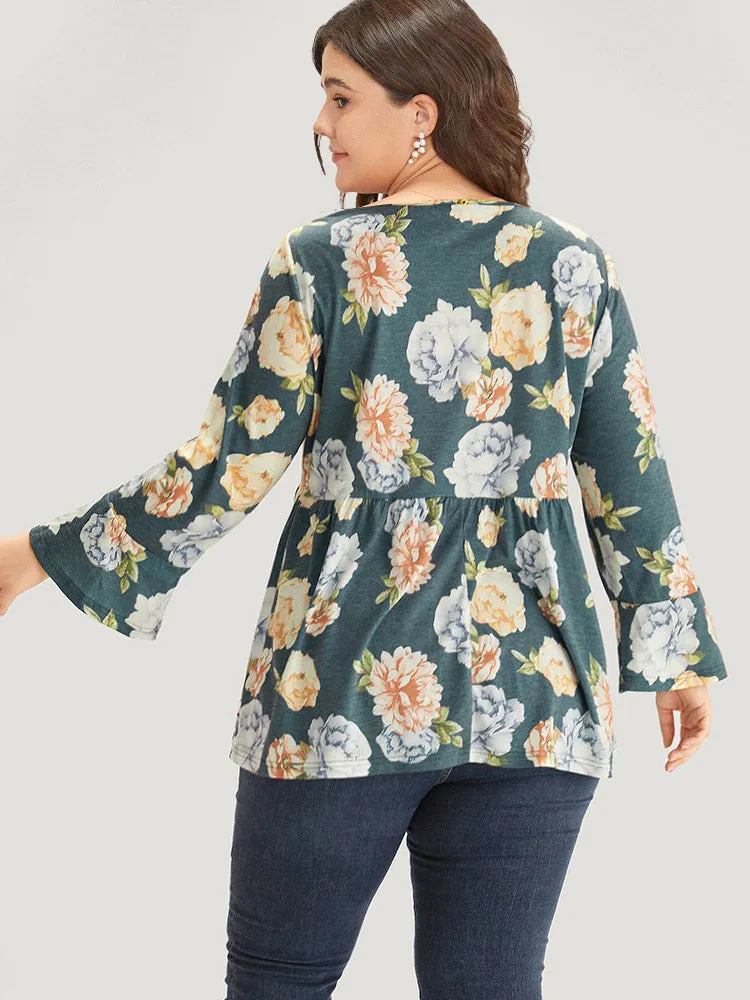 Floral Print Crew Neck Gathered Flutter Hem Bell Sleeve T-shirt sold by Bloomchic product image thumbnail 2