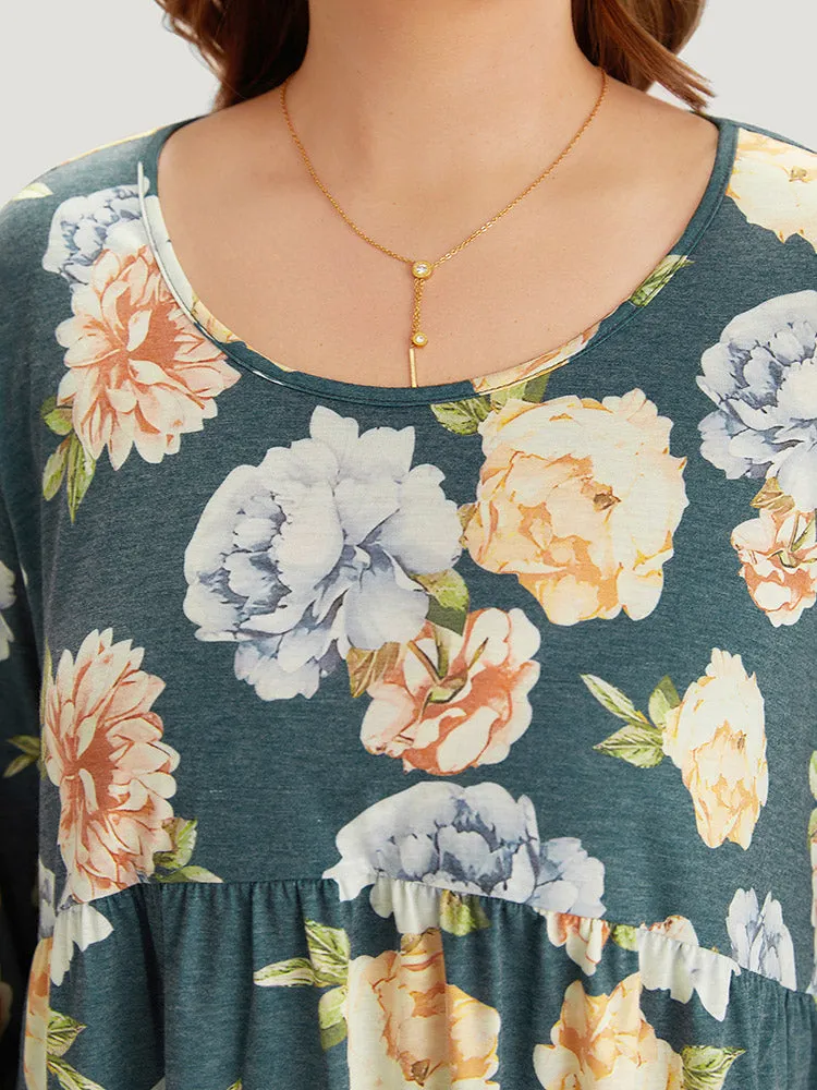 Floral Print Crew Neck Gathered Flutter Hem Bell Sleeve T-shirt sold by Bloomchic product image thumbnail 5