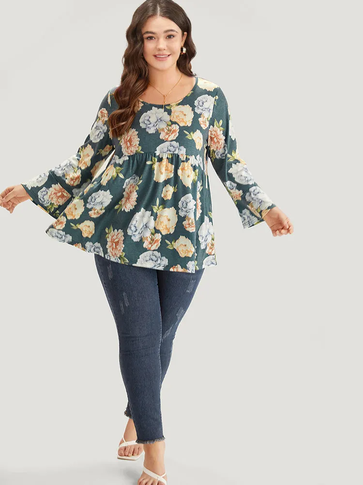 Floral Print Crew Neck Gathered Flutter Hem Bell Sleeve T-shirt sold by Bloomchic product image thumbnail 4