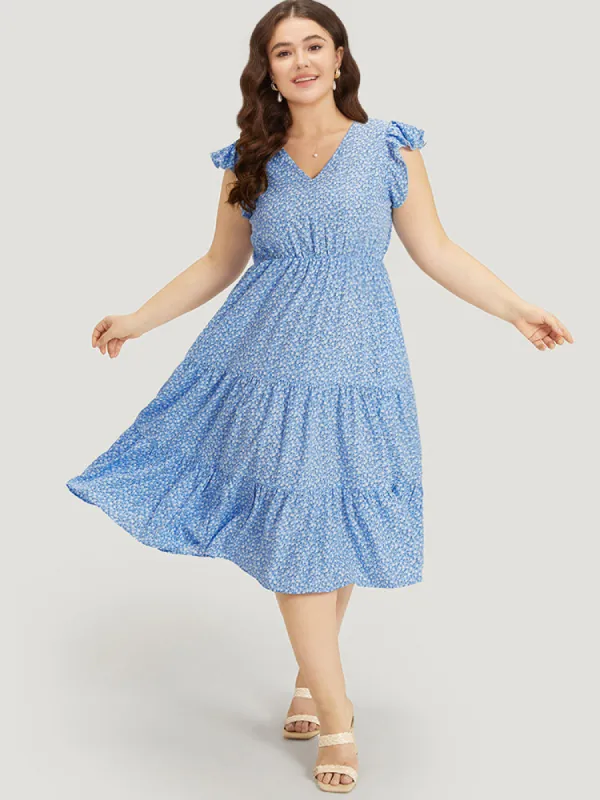 Ditsy Floral Layered Hem Ruffle Cap Sleeve Dress sold by Bloomchic
