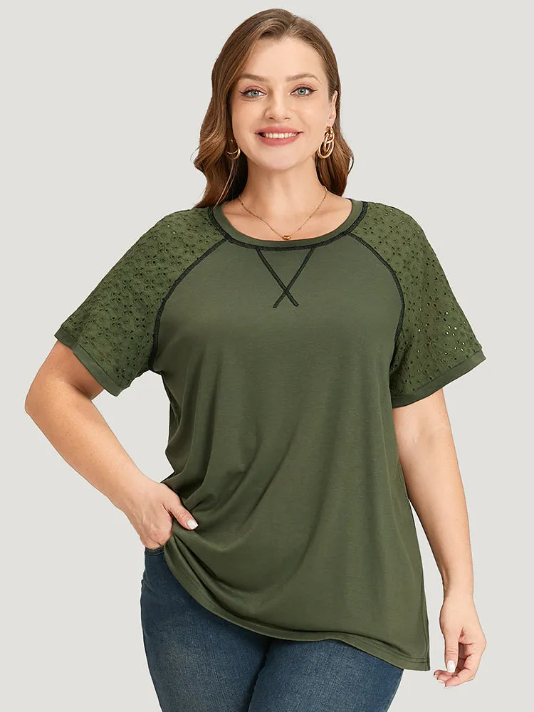 Plain Patchwork Broderie Anglaise Raglan Sleeve T-shirt sold by Bloomchic