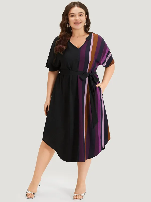 Striped Patchwork Notched Belted Pocket Dress sold by Bloomchic