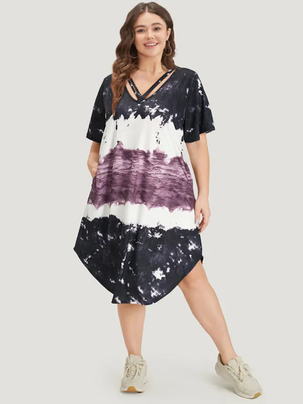 Tie Dye Crisscross Pocket Curved Hem Dress sold by Bloomchic