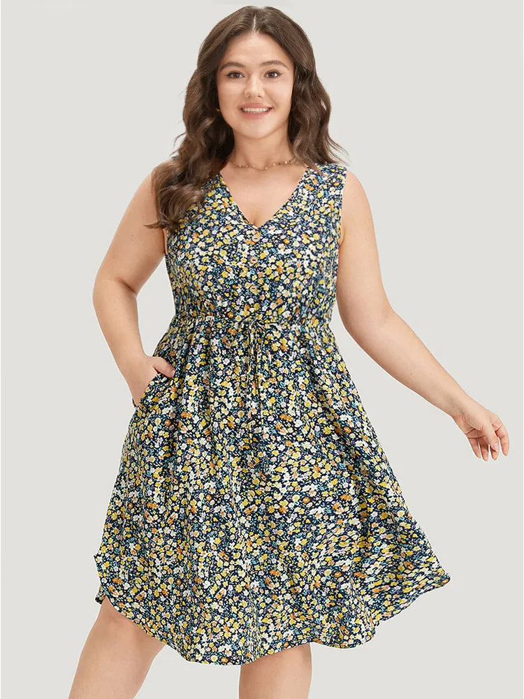 Ditsy Floral V Neck Pocket Gathered Sleeveless Dress sold by Bloomchic