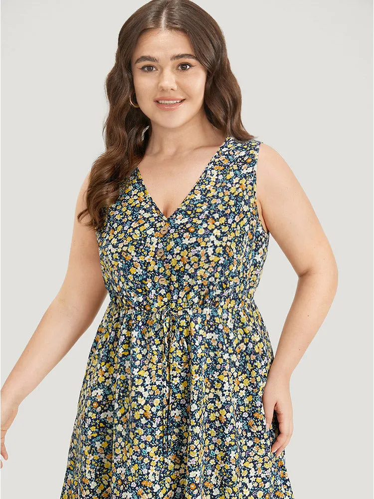 Ditsy Floral V Neck Pocket Gathered Sleeveless Dress sold by Bloomchic product image thumbnail 5