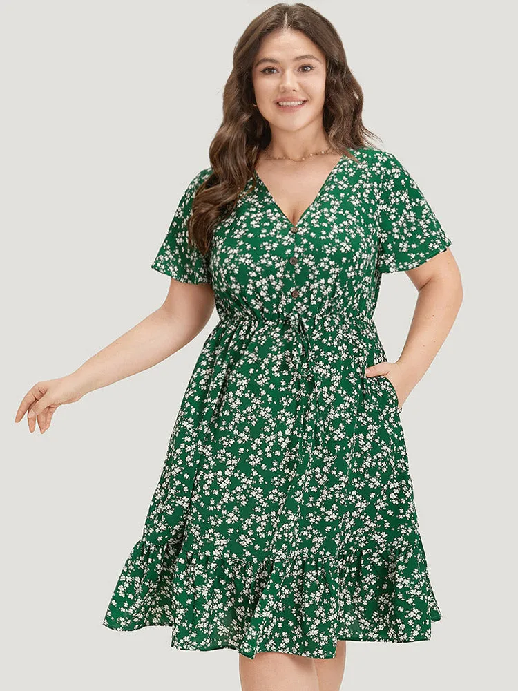 Ditsy Floral Pocket Button Detail Elastic Waist Ties Dress sold by Bloomchic