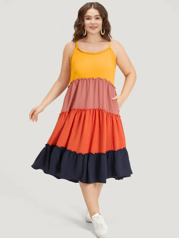 Colorblock Contrast Flutter Hem Frill Trim Cami Dress sold by Bloomchic