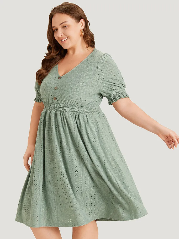 Geometric Eyelet Pocket Button Detail Shirred Dress sold by Bloomchic product image thumbnail 4