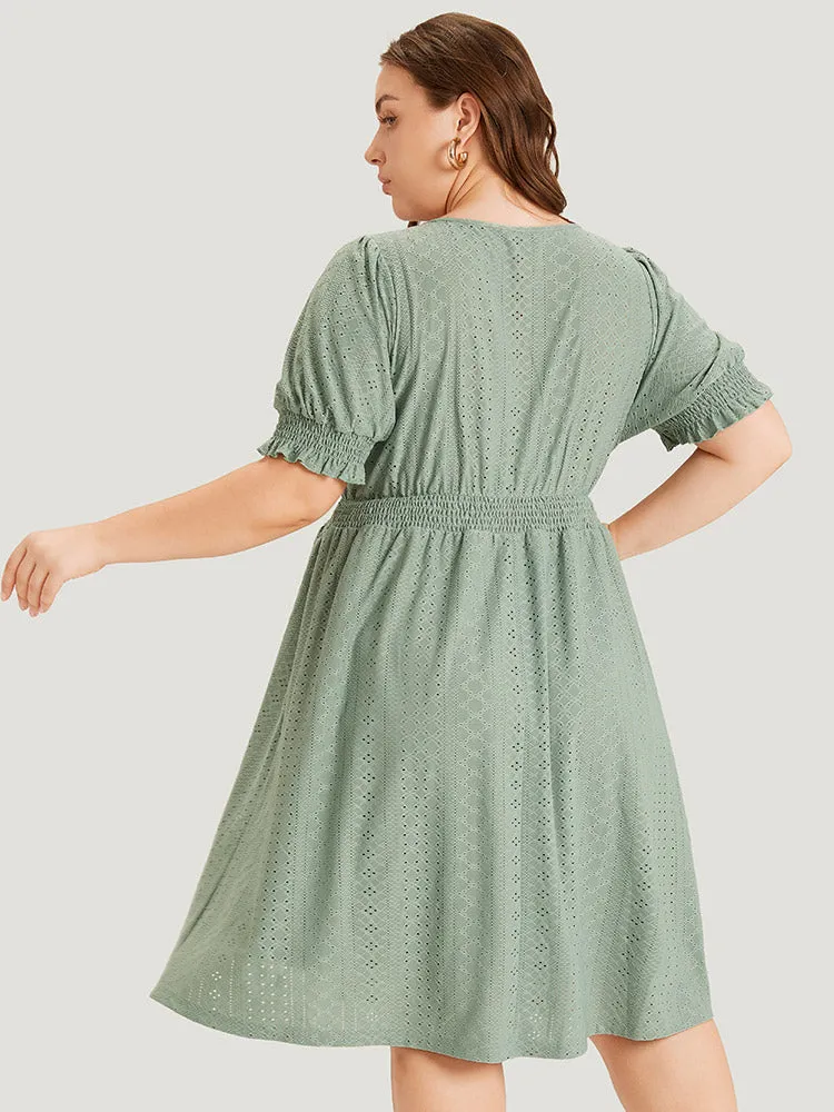 Geometric Eyelet Pocket Button Detail Shirred Dress sold by Bloomchic product image thumbnail 5