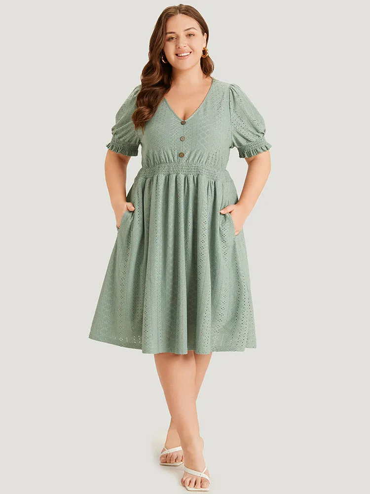 Geometric Eyelet Pocket Button Detail Shirred Dress sold by Bloomchic product image thumbnail 2