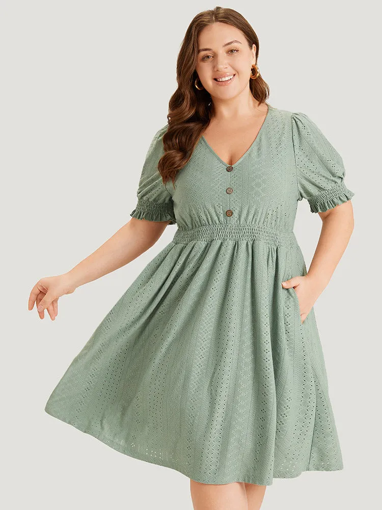 Geometric Eyelet Pocket Button Detail Shirred Dress sold by Bloomchic product image thumbnail 3