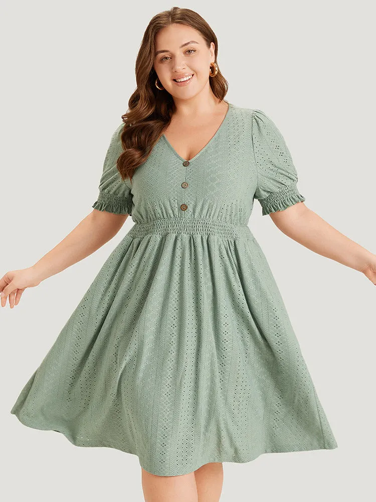 Geometric Eyelet Pocket Button Detail Shirred Dress sold by Bloomchic