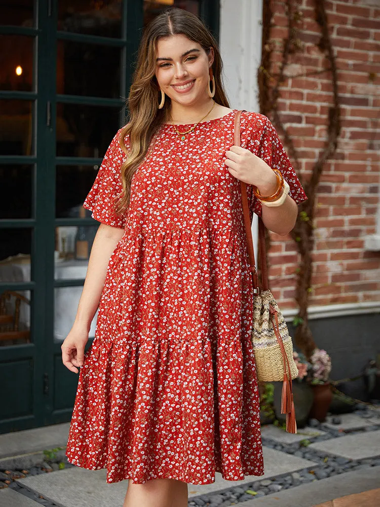 Ditsy Floral Pocket Layered Patchwork Crew Neck Dress sold by Bloomchic