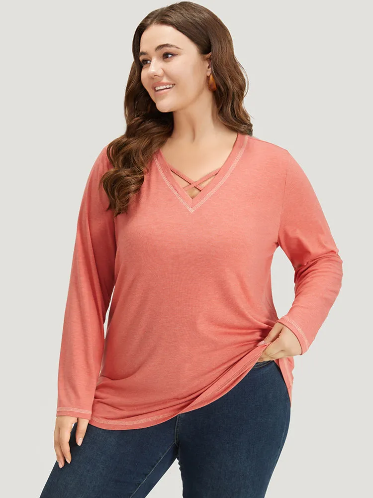 Plain Crisscross V Neck Contrast Trim T-shirt sold by Bloomchic