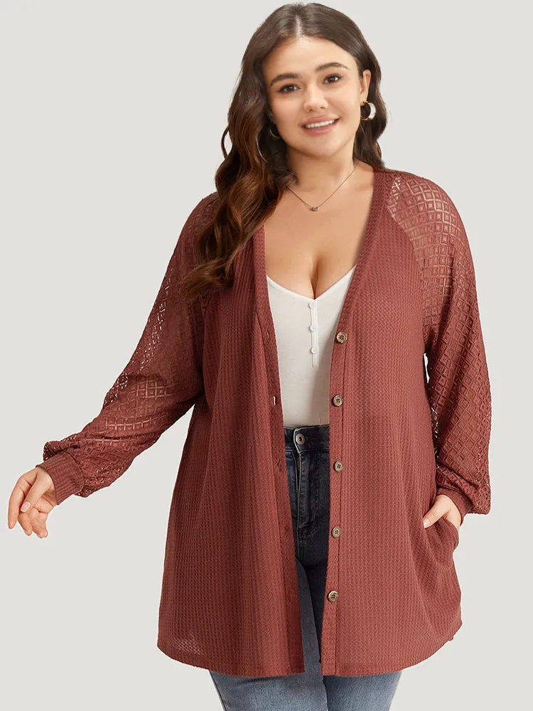 Solid Button Through Pocket Mesh Raglan Sleeve Kimono sold by Bloomchic