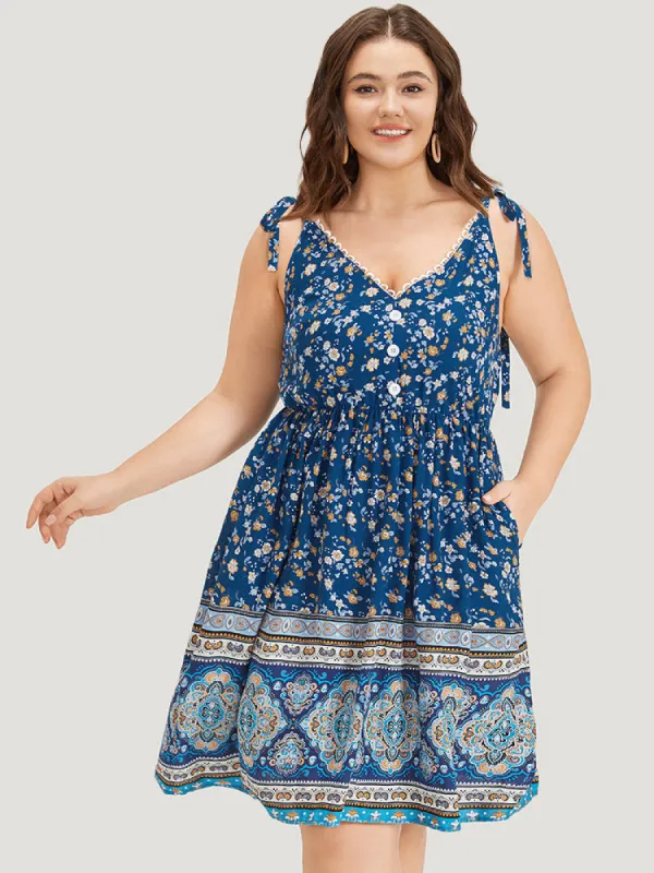 Boho Print Knot Lace Trim Pocket Cami Dress sold by Bloomchic