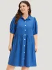 Plain Shirt Collar Button Through Gathered Lantern Sleeve Dress sold by Bloomchic