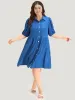 Plain Shirt Collar Button Through Gathered Lantern Sleeve Dress sold by Bloomchic