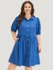 Plain Shirt Collar Button Through Gathered Lantern Sleeve Dress sold by Bloomchic