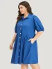 Plain Shirt Collar Button Through Gathered Lantern Sleeve Dress sold by Bloomchic