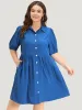 Plain Shirt Collar Button Through Gathered Lantern Sleeve Dress sold by Bloomchic