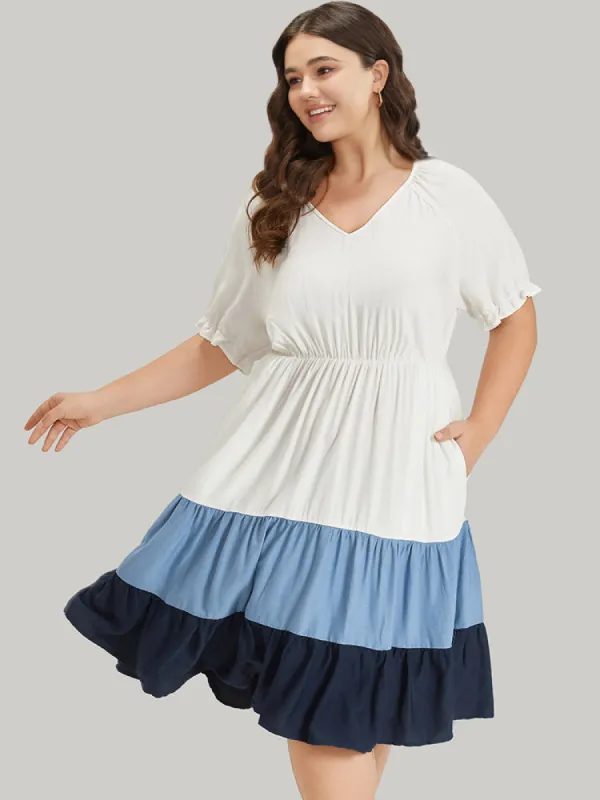 Contrast Raglan Sleeve Gathered Ruffle Layered Hem Dress sold by Bloomchic