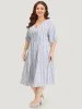 Striped Button Detail V Neck Lantern Sleeve Dress sold by Bloomchic