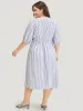 Striped Button Detail V Neck Lantern Sleeve Dress sold by Bloomchic