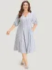 Striped Button Detail V Neck Lantern Sleeve Dress sold by Bloomchic
