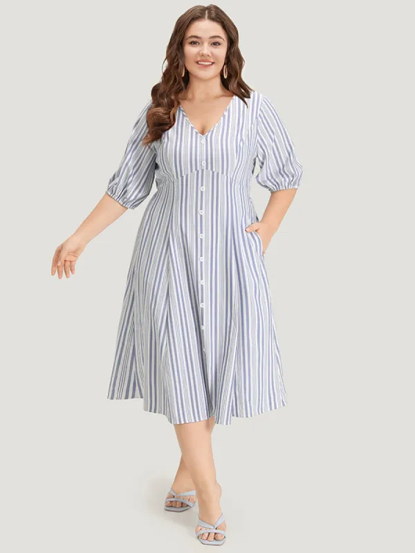 Striped Button Detail V Neck Lantern Sleeve Dress sold by Bloomchic