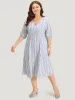 Striped Button Detail V Neck Lantern Sleeve Dress sold by Bloomchic