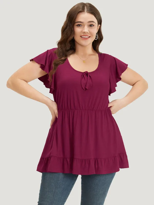 Plain Ruffle Cap Sleeve Ties Gathered Scoop Neck T-shirt sold by Bloomchic
