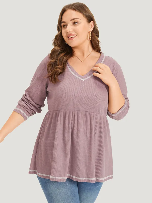 Plain Stitch V Neck Gathered Ruffle Hem T-shirt sold by Bloomchic