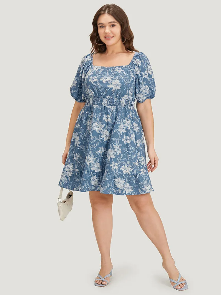 Floral Print Shirred Square Neck Puff Sleeve Dress sold by Bloomchic product image thumbnail 3
