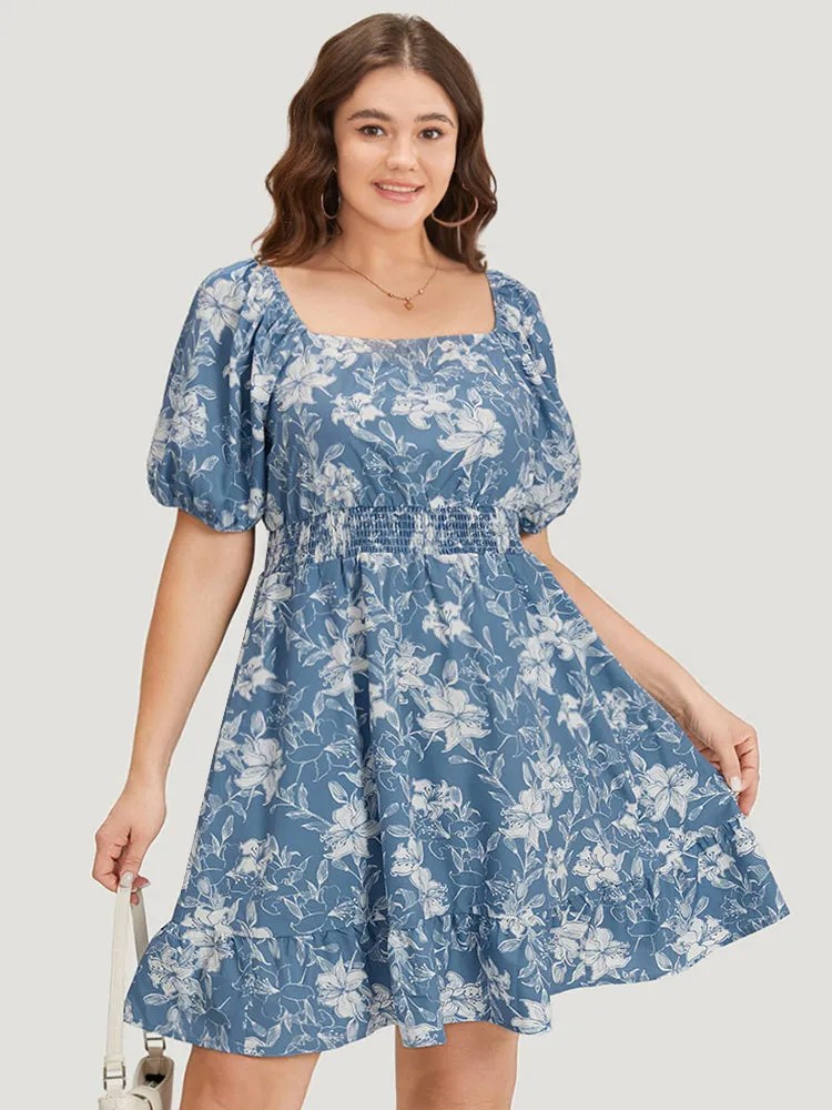 Floral Print Shirred Square Neck Puff Sleeve Dress sold by Bloomchic