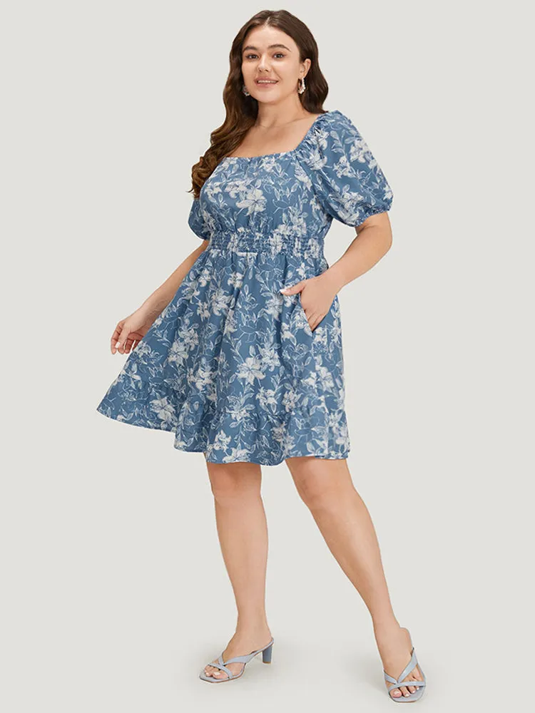 Floral Print Shirred Square Neck Puff Sleeve Dress sold by Bloomchic product image thumbnail 4