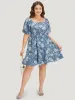 Floral Print Shirred Square Neck Puff Sleeve Dress sold by Bloomchic
